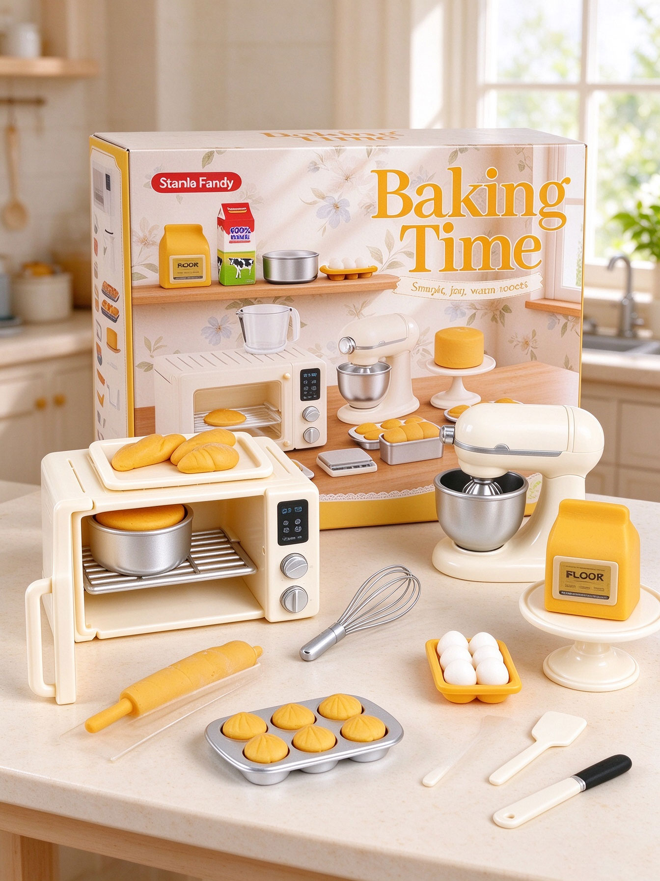 Kids Toys Kitchen Set - ミニサイズのベーキングおもちゃセット。ドールハウス用のミニチュアオーブンとベーキングアクセサリー。子供向けのシミュレーション食品おもちゃ。